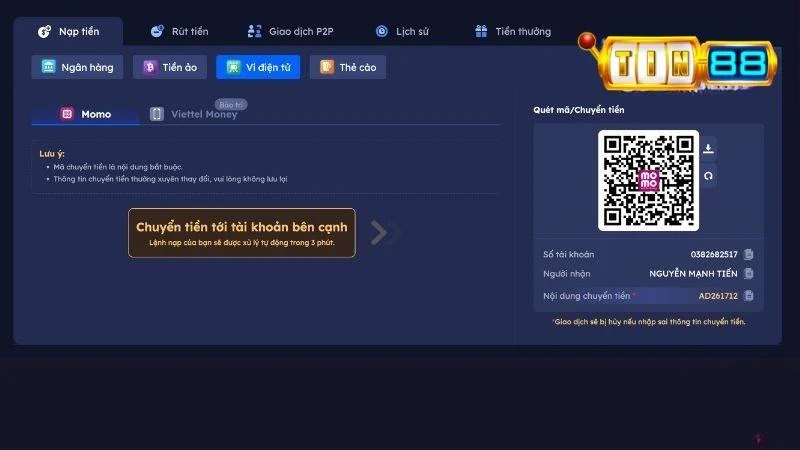 Hướng dẫn thực hiện nạp tiền vào ví qua ví điện tử